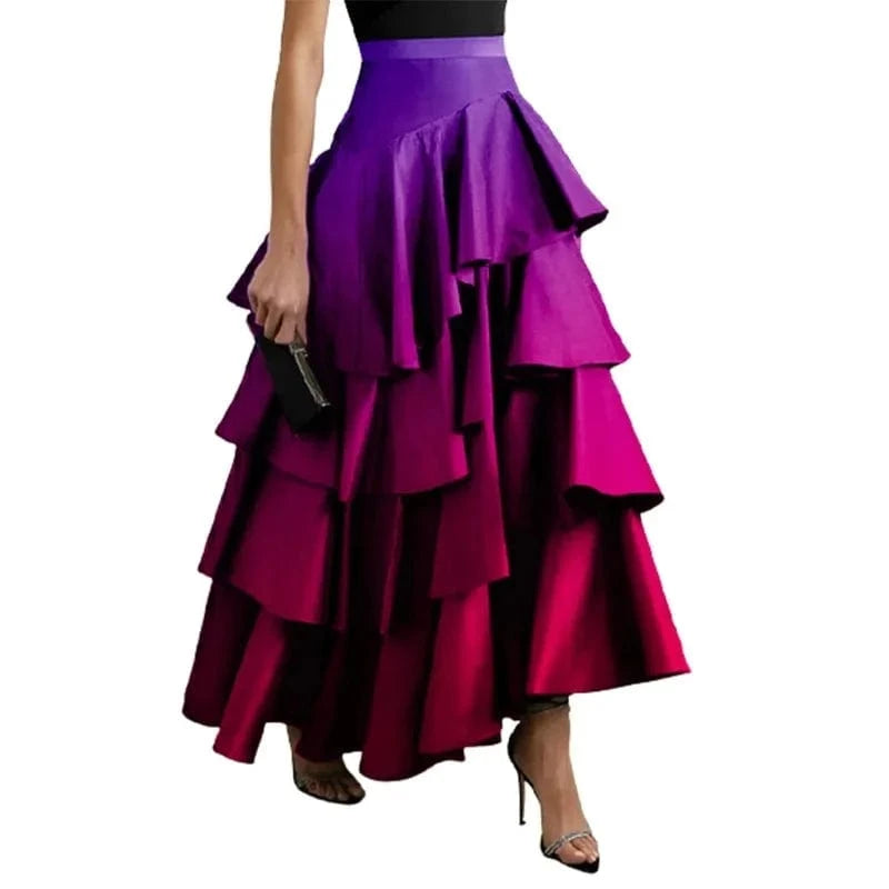 Beautyblue Elegant Party Dresses for Women 2025 Gradient Long Skirts Fashion A-Line Falbala High Waisted Bottoms Skirt Female