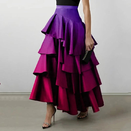Beautyblue Elegant Party Dresses for Women 2025 Gradient Long Skirts Fashion A-Line Falbala High Waisted Bottoms Skirt Female