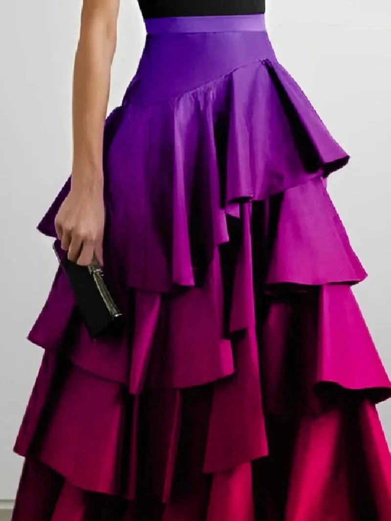 Beautyblue Elegant Party Dresses for Women 2025 Gradient Long Skirts Fashion A-Line Falbala High Waisted Bottoms Skirt Female