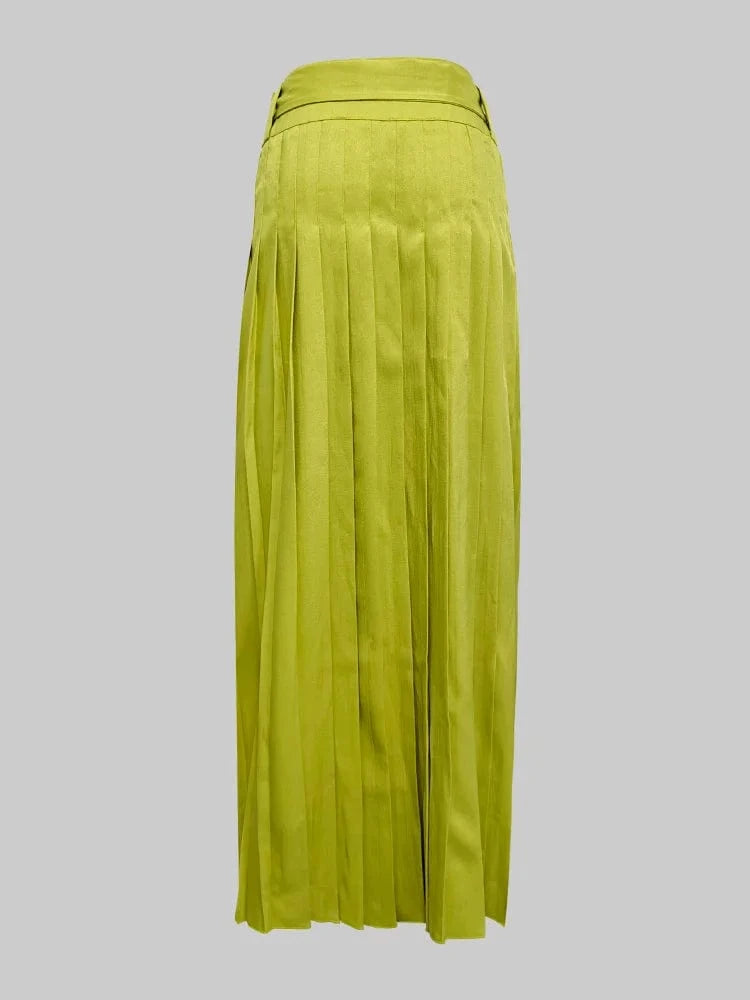 Beautyblue Elegant Retro Green Pleated Skirt Women's Long Skirts Fashion Loose High Waisted Split-Side with Belt Elegant Bottoms
