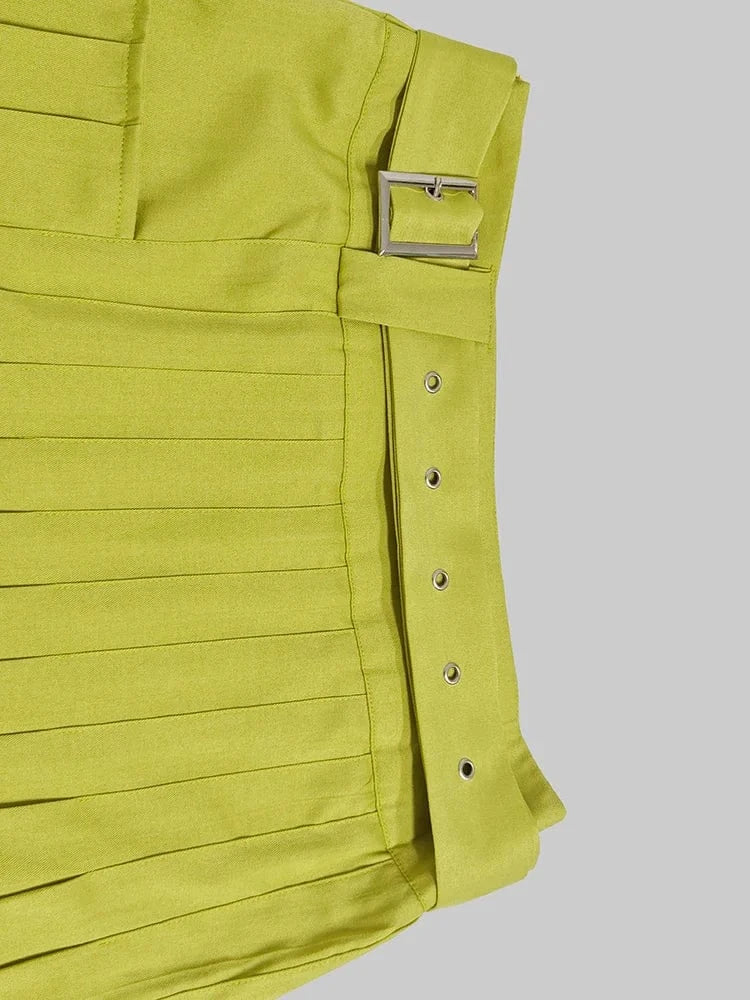 Beautyblue Elegant Retro Green Pleated Skirt Women's Long Skirts Fashion Loose High Waisted Split-Side with Belt Elegant Bottoms
