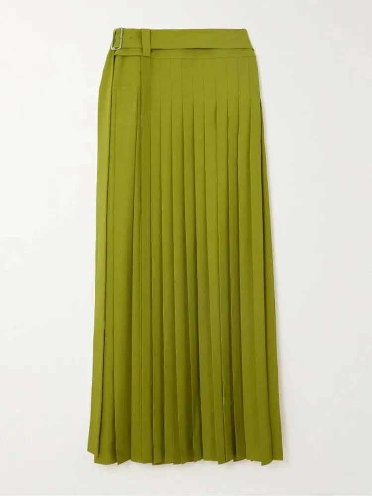 Beautyblue Elegant Retro Green Pleated Skirt Women's Long Skirts Fashion Loose High Waisted Split-Side with Belt Elegant Bottoms
