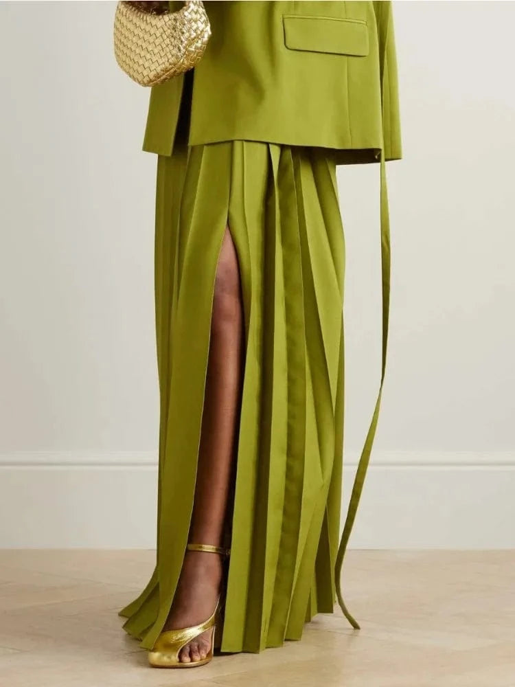 Beautyblue Elegant Retro Green Pleated Skirt Women's Long Skirts Fashion Loose High Waisted Split-Side with Belt Elegant Bottoms
