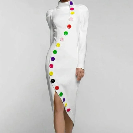 Beautyblue Elegant Woman Ceremony Dress Midi Dresses Fashion Buttoned Contrast Color Long Sleeves High Neck White Winter Dress