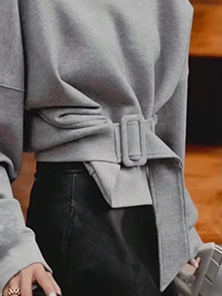 Beautyblue Fall Women's Sweatshirts Tops Female Hoodies 2025 Casual Belt Buckle Solid Color O-Neck Ladies Pullovers Clothing