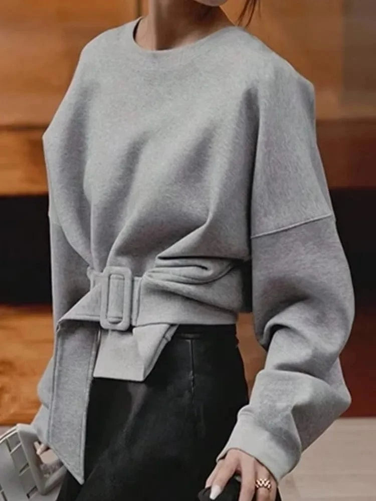 Beautyblue Fall Women's Sweatshirts Tops Female Hoodies 2025 Casual Belt Buckle Solid Color O-Neck Ladies Pullovers Clothing