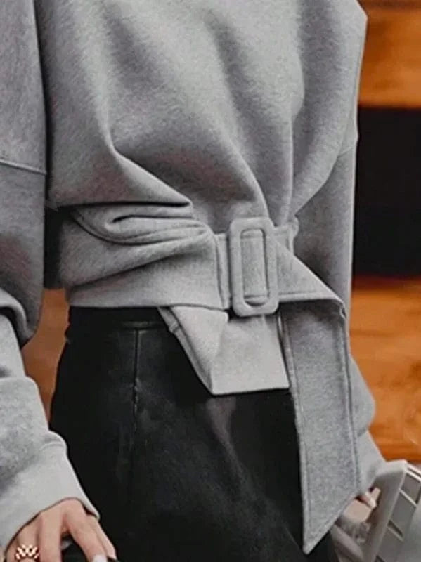 Beautyblue Fall Women's Sweatshirts Tops Female Hoodies 2025 Casual Belt Buckle Solid Color O-Neck Ladies Pullovers Clothing