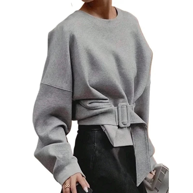 Beautyblue Fall Women's Sweatshirts Tops Female Hoodies 2025 Casual Belt Buckle Solid Color O-Neck Ladies Pullovers Clothing