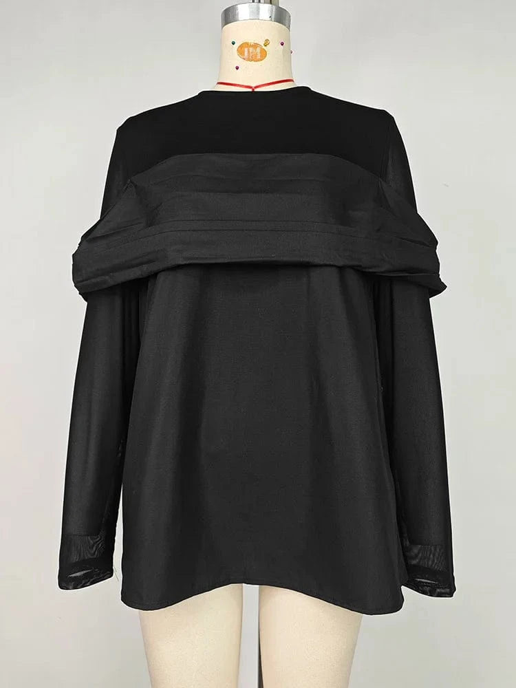 Beautyblue False Two Long Sleeves Tops Women Clothing 2025 New Spring See-Through Round-Neck Slimming Skinny T-Shirts Black Tee