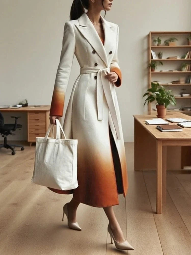 Beautyblue Fashion Women Gradient Outerwear Long Blazer Elegant Loose Tied Waist Buttoned A-Line Woolen Coat for Office Commute