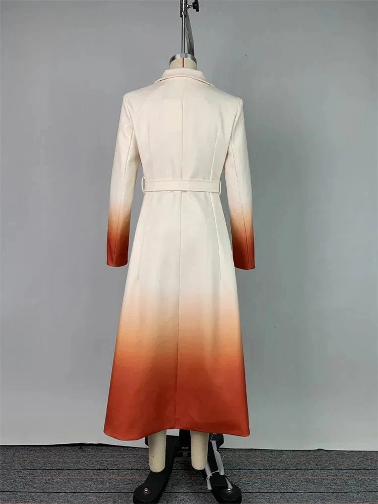 Beautyblue Fashion Women Gradient Outerwear Long Blazer Elegant Loose Tied Waist Buttoned A-Line Woolen Coat for Office Commute