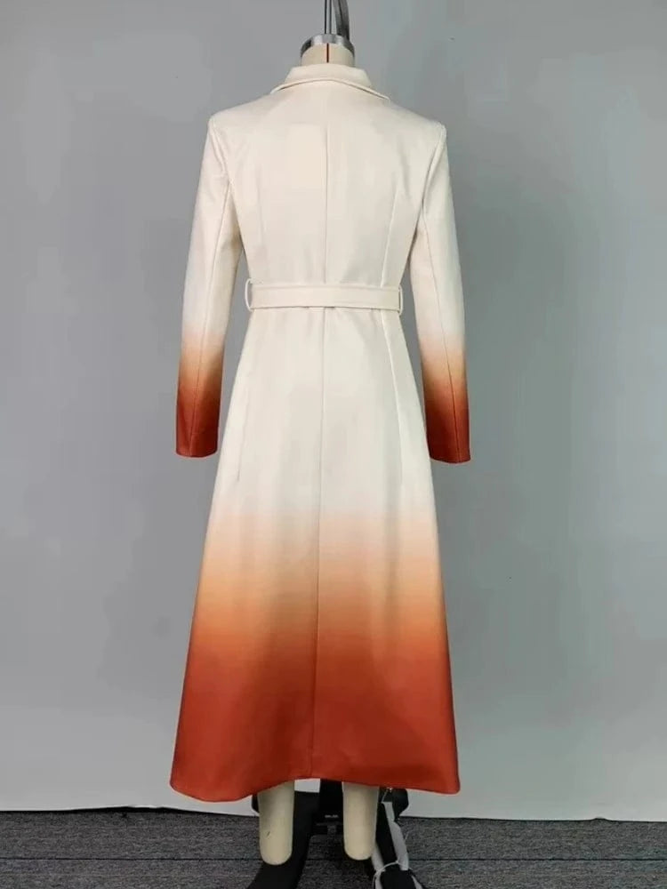 Beautyblue Fashion Women Gradient Outerwear Long Blazer Elegant Loose Tied Waist Buttoned A-Line Woolen Coat for Office Commute