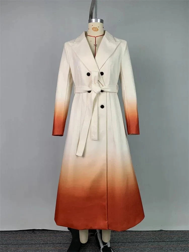 Beautyblue Fashion Women Gradient Outerwear Long Blazer Elegant Loose Tied Waist Buttoned A-Line Woolen Coat for Office Commute