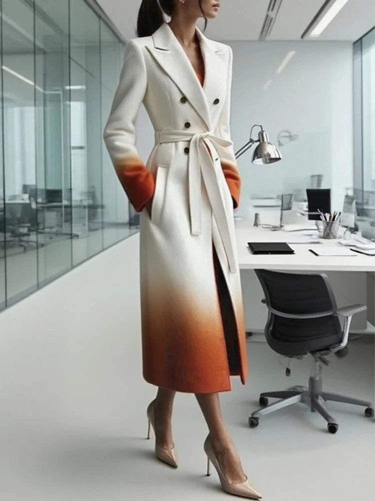 Beautyblue Fashion Women Gradient Outerwear Long Blazer Elegant Loose Tied Waist Buttoned A-Line Woolen Coat for Office Commute