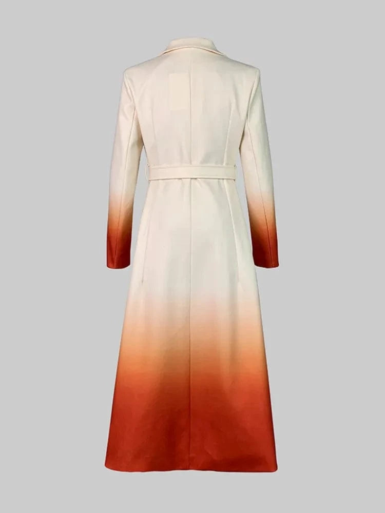 Beautyblue Fashion Women Gradient Outerwear Long Blazer Elegant Loose Tied Waist Buttoned A-Line Woolen Coat for Office Commute