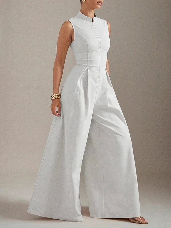 Beautyblue Female Jumpsuit V-neck Wide-leg Overalls Fashion Sleeveless Zipper Brown Formal Clothes Women's One-piece Jumpsuits