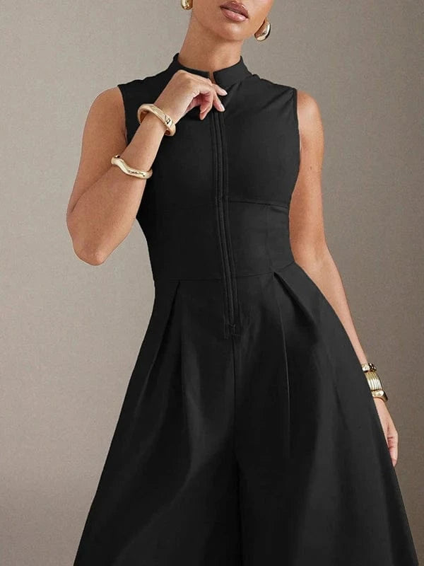 Beautyblue Female Jumpsuit V-neck Wide-leg Overalls Fashion Sleeveless Zipper Brown Formal Clothes Women's One-piece Jumpsuits