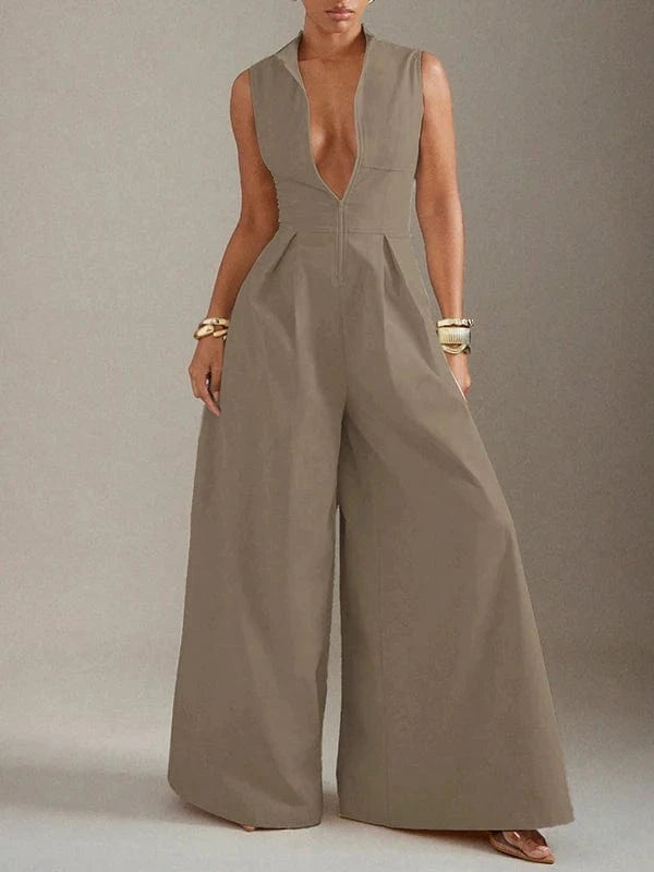 Beautyblue Female Jumpsuit V-neck Wide-leg Overalls Fashion Sleeveless Zipper Brown Formal Clothes Women's One-piece Jumpsuits