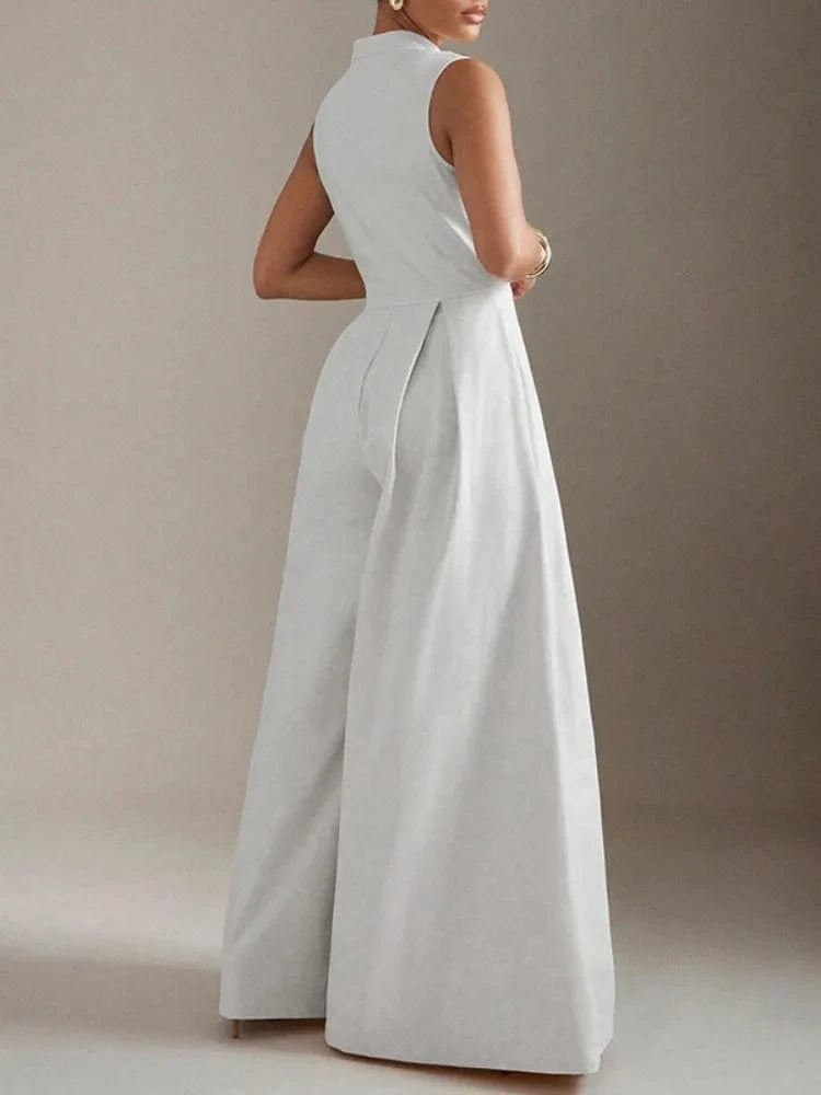 Beautyblue Female Jumpsuit V-neck Wide-leg Overalls Fashion Sleeveless Zipper Brown Formal Clothes Women's One-piece Jumpsuits