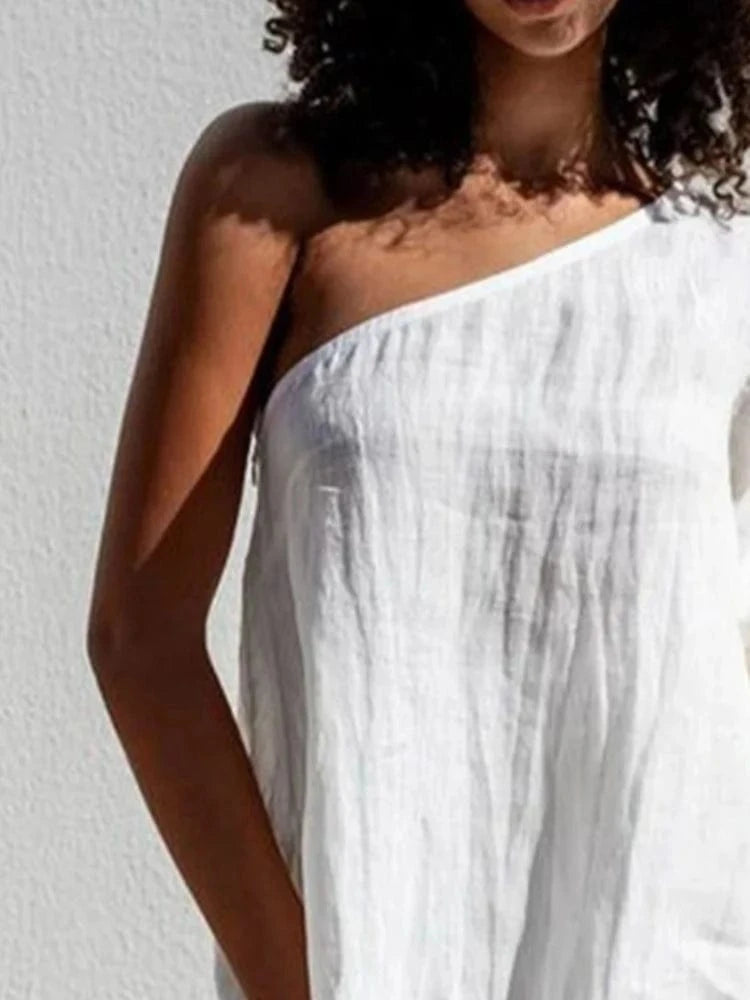 Beautyblue Flared Sleeves Women's T-shirt One-shoulder Long Sleeves Tee Summer Loose Asymmetric Elasticity Blouses&Shirts Female
