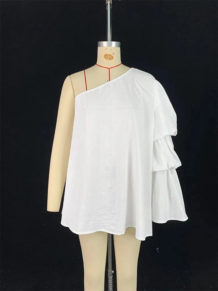 Beautyblue Flared Sleeves Women's T-shirt One-shoulder Long Sleeves Tee Summer Loose Asymmetric Elasticity Blouses&Shirts Female