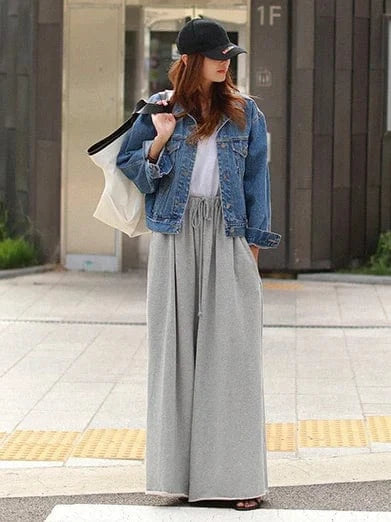 Beautyblue Gray Wide Leg Pants Black Bottoms for Women Casual Loose Pocket Korean Harajuku Streetwear Female Outdoor Sweatpants