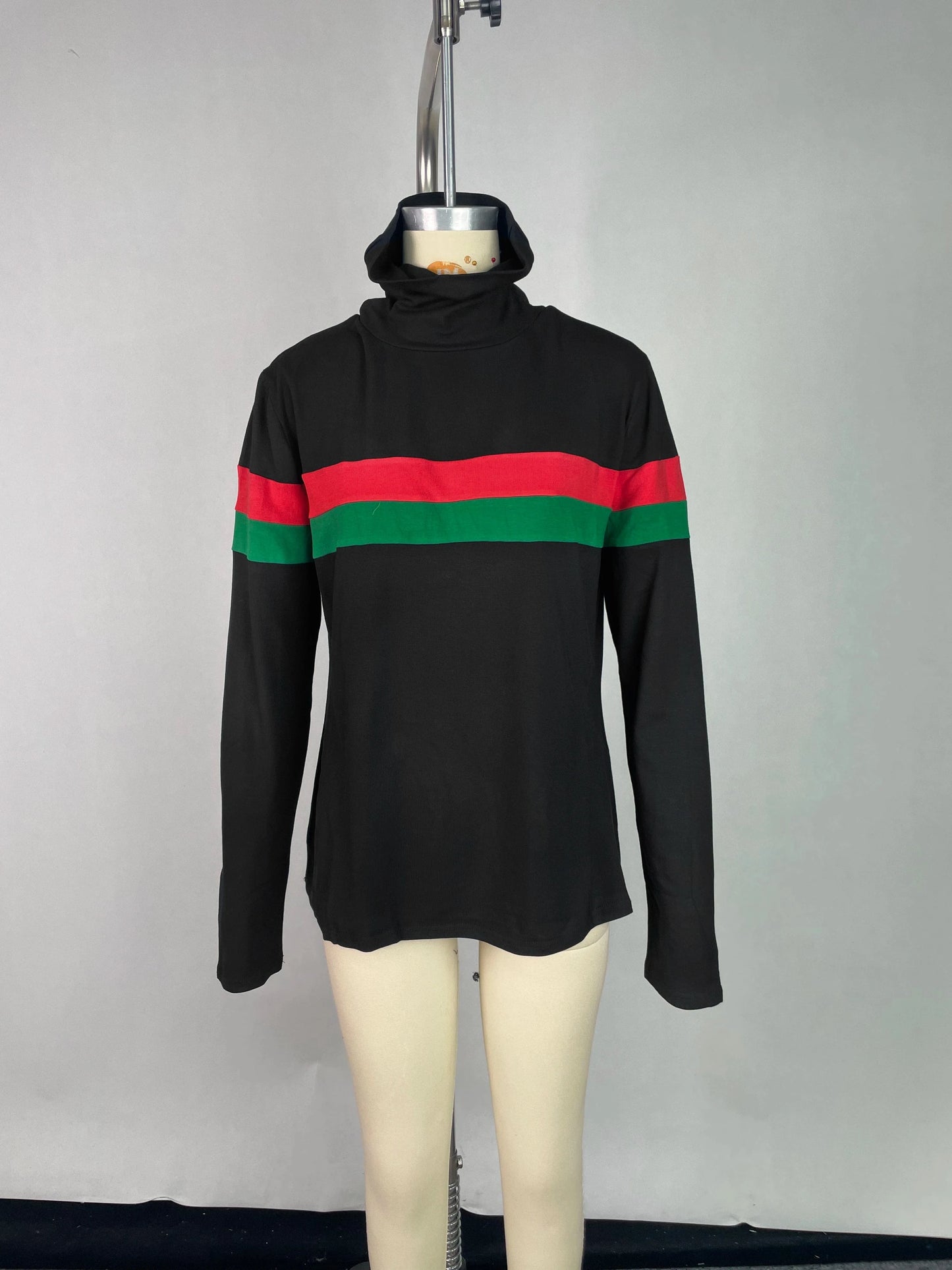 Beautyblue High Neck T-Shirts Women Black Top Sexy Slim Fit Long Sleeves Striped Split-Joint Bottom Basic Shirt Casual Clothing