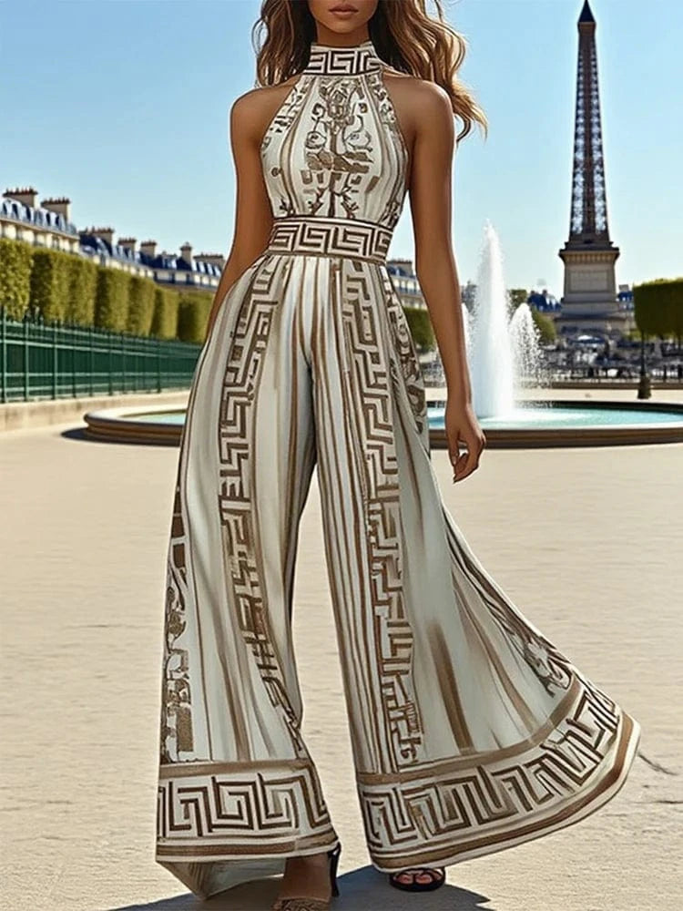Beautyblue Jumpsuits for Woman Halter Neck Jumpsuit Summer New Fashion Sleeveless Geometric Maze Print One-piece Overalls Female