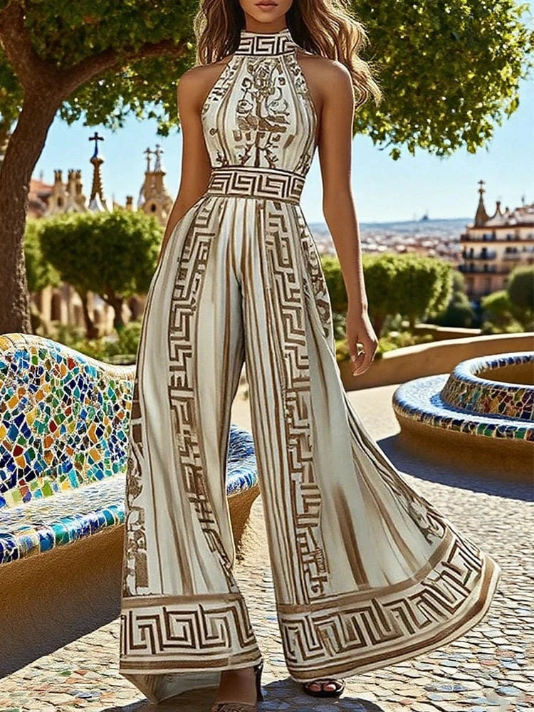 Beautyblue Jumpsuits for Woman Halter Neck Jumpsuit Summer New Fashion Sleeveless Geometric Maze Print One-piece Overalls Female