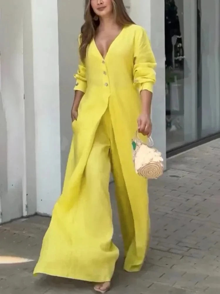 BeautyBlue Jumpsuits for Women V-neck Overalls 2025 New Elegant High Waisted Buttoned Pockets Solid Color Office Jumpsuit Female