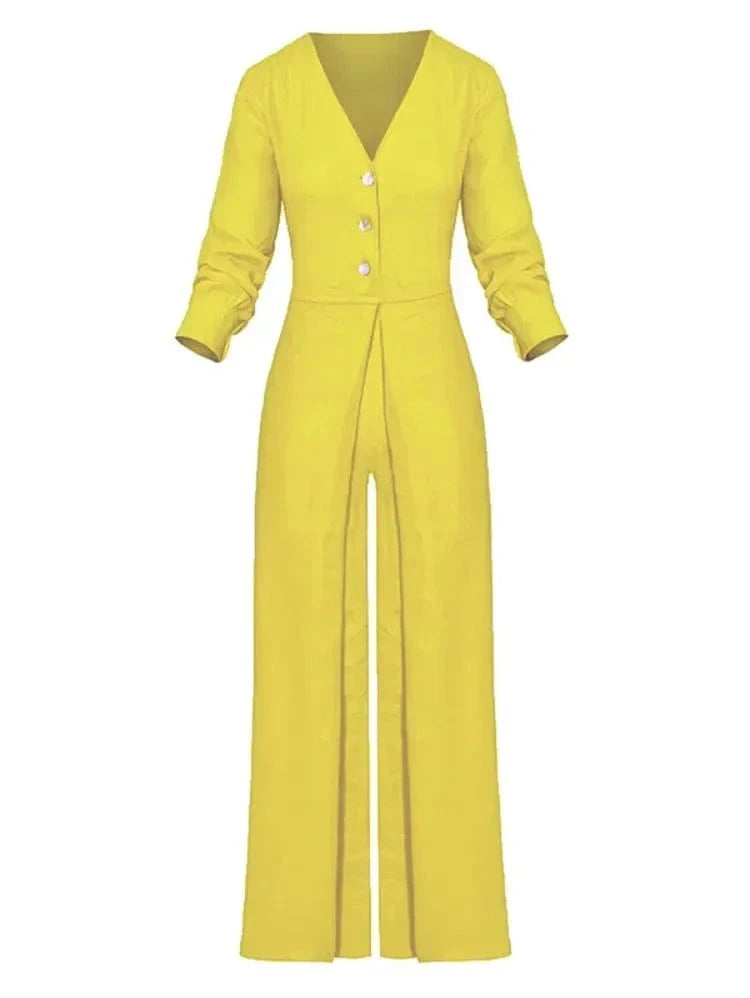 BeautyBlue Jumpsuits for Women V-neck Overalls 2025 New Elegant High Waisted Buttoned Pockets Solid Color Office Jumpsuit Female