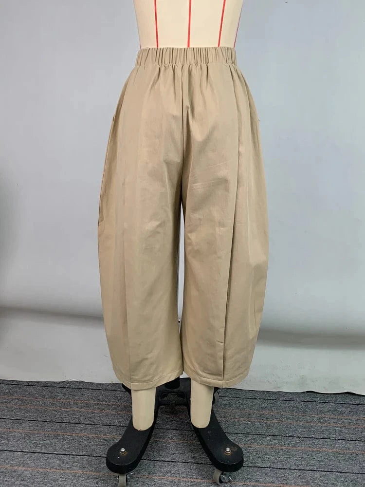 Beautyblue Khaki Women's Pants Wide-leg Capri Pants Summer New Fashion Loose Pocket Elastic Waist Loose Cotton Cropped Trousers