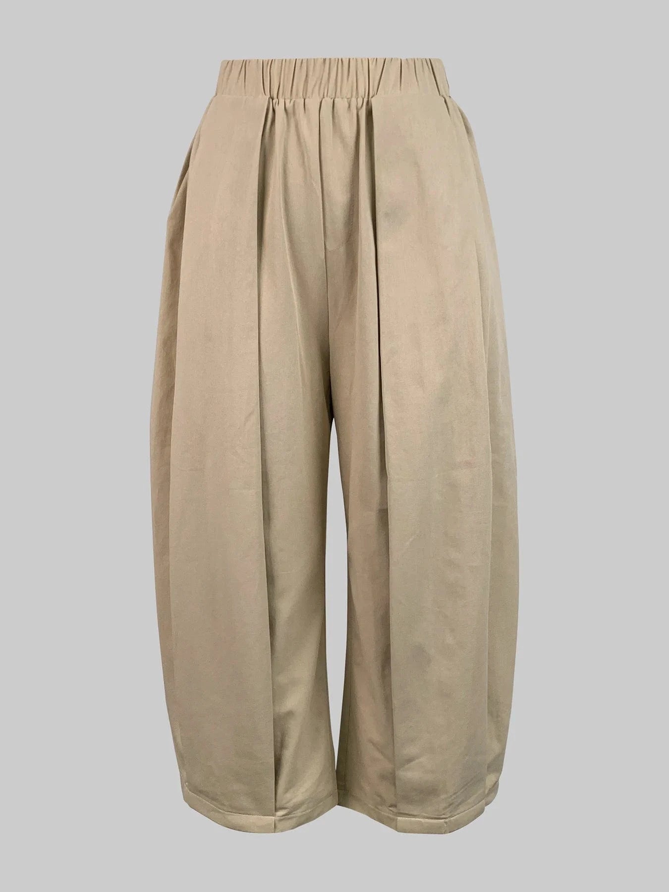 Beautyblue Khaki Women's Pants Wide-leg Capri Pants Summer New Fashion Loose Pocket Elastic Waist Loose Cotton Cropped Trousers