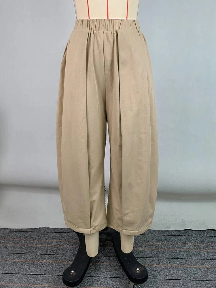 Beautyblue Khaki Women's Pants Wide-leg Capri Pants Summer New Fashion Loose Pocket Elastic Waist Loose Cotton Cropped Trousers