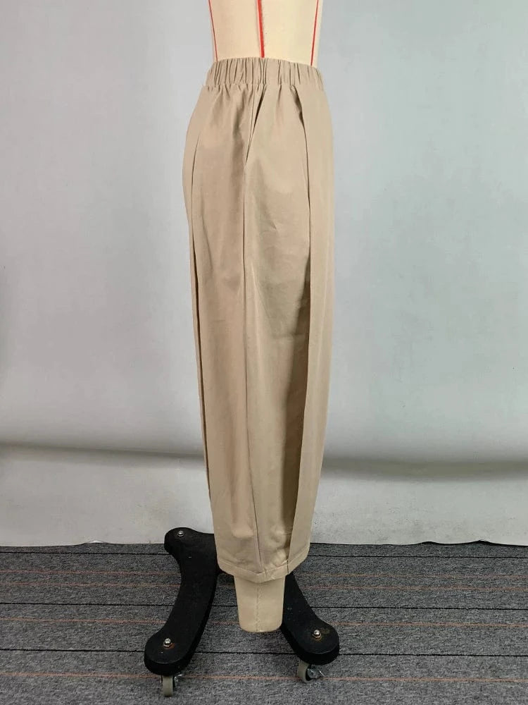 Beautyblue Khaki Women's Pants Wide-leg Capri Pants Summer New Fashion Loose Pocket Elastic Waist Loose Cotton Cropped Trousers