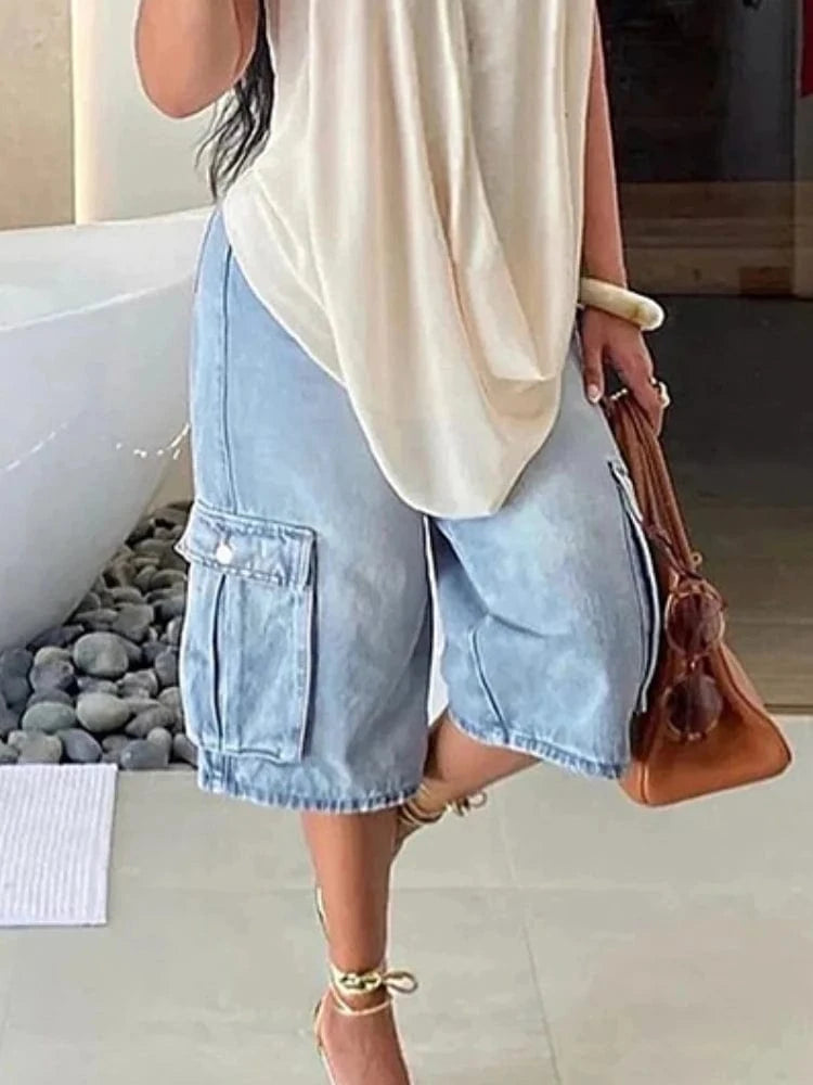 Beautyblue Loose Wide Leg Pants Women's Denim Shorts Vintage Fashion Loose Pocket Five Points Pants Streetwear High Waist Pants
