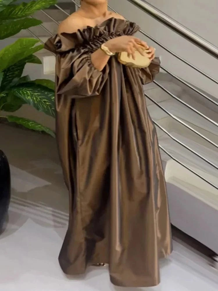 Beautyblue Plus Size Dresses Women Off-the-shoulder Maxi Dress Loose Elastic Puff Sleeve Oversized Brown New Elegant Robe Female