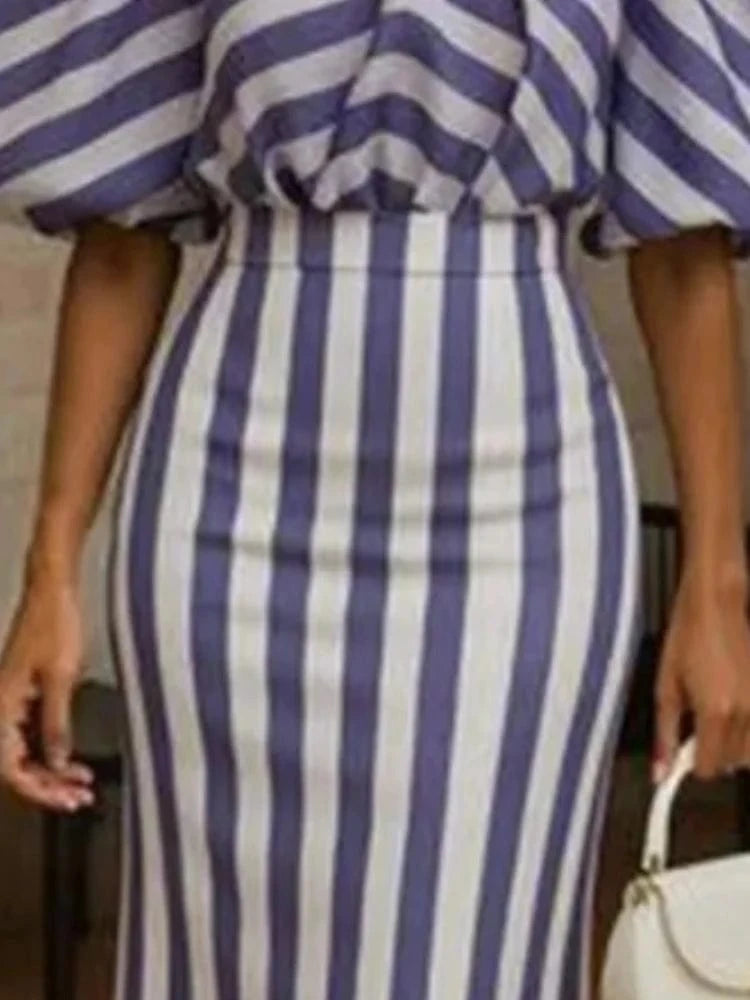 Beautyblue Spring Office Zipper Long Skirts Women Blue Stripe Skirt Fashion High Waist Split Casual Elegant Lady Formal Bottom