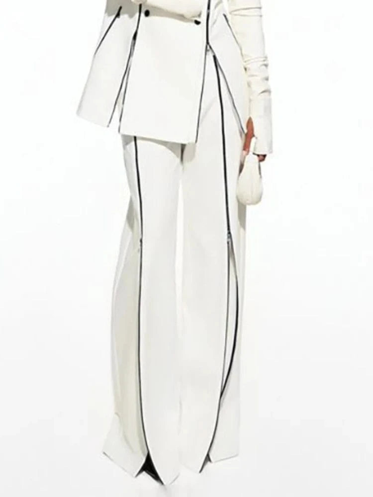 Beautyblue Striped Sports Pants Women Zipper Trousers Summer New White Patchwork High Waist Wide-leg Bottom Office Commute Pant