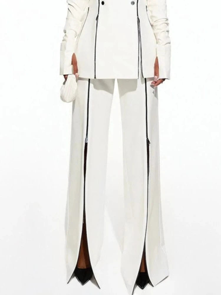 Beautyblue Striped Sports Pants Women Zipper Trousers Summer New White Patchwork High Waist Wide-leg Bottom Office Commute Pant