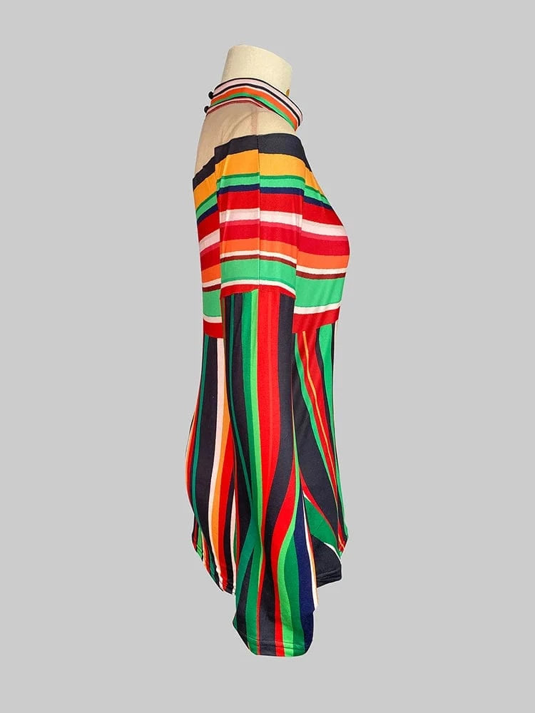 Beautyblue Summer Clothes Camouflage Clothes Women Striped T-Shirts Wave Button Halter-Neck Loose Fashion Sleeves Female Tops
