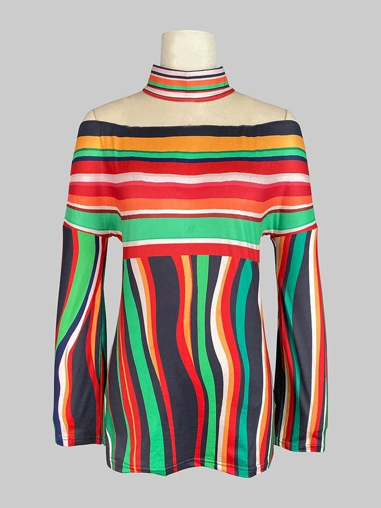 Beautyblue Summer Clothes Camouflage Clothes Women Striped T-Shirts Wave Button Halter-Neck Loose Fashion Sleeves Female Tops