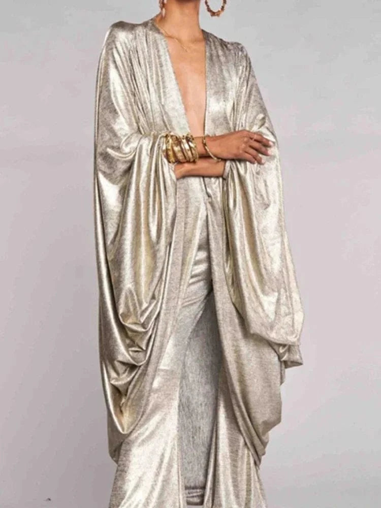 Beautyblue Woman Clothing Champagne Top New Elegant Batwing Sleeves Deep V-Neck Fashion Shiny Blouses&shirts Trendy Coats Female