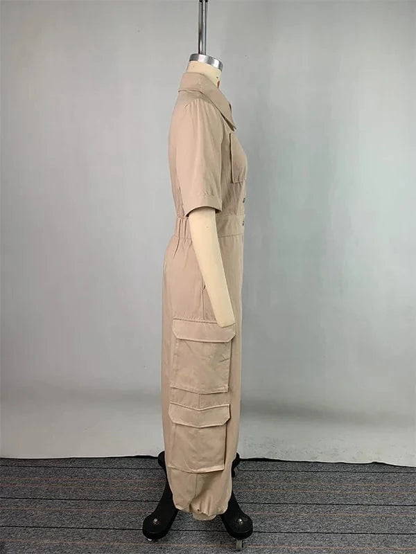 Beautyblue Women Cargo Jumpsuits Summer Business Casual Outfits Buttoned Pockets Lapel Loose Elegant Khaki Cargo Romper Female