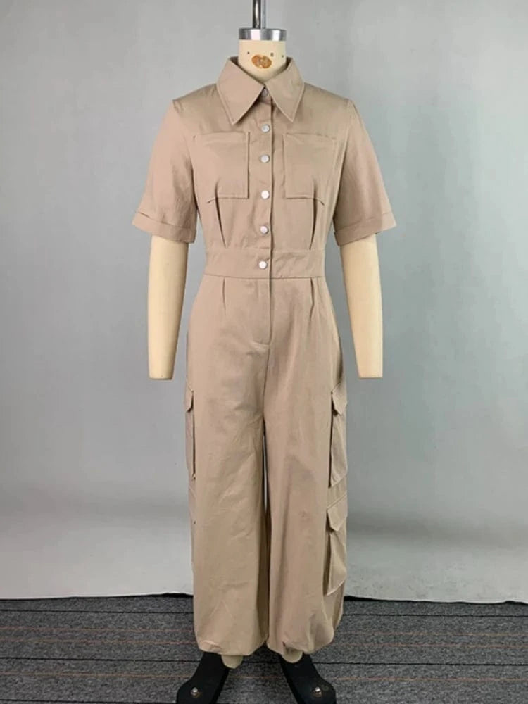 Beautyblue Women Cargo Jumpsuits Summer Business Casual Outfits Buttoned Pockets Lapel Loose Elegant Khaki Cargo Romper Female