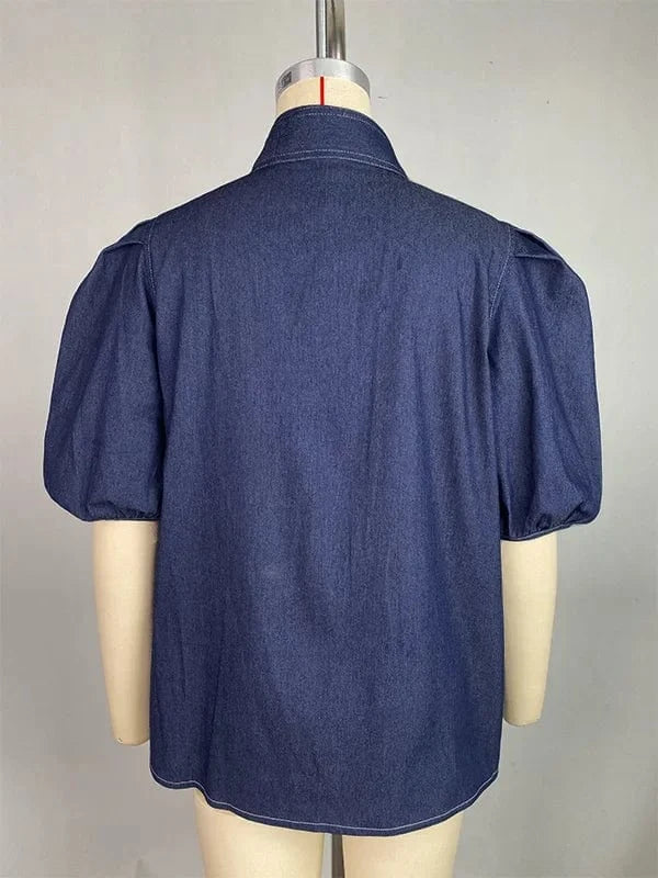 Beautyblue Women Fashion High Neck Imitation Denim Shirts Puff Sleeves Blouses Summer New Casual Solid Color Bow Tie Tops Female