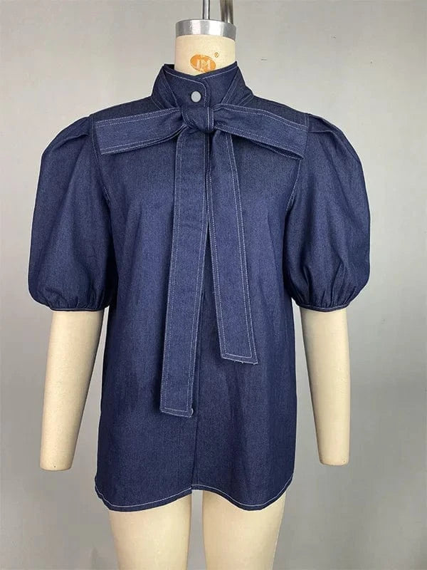 Beautyblue Women Fashion High Neck Imitation Denim Shirts Puff Sleeves Blouses Summer New Casual Solid Color Bow Tie Tops Female