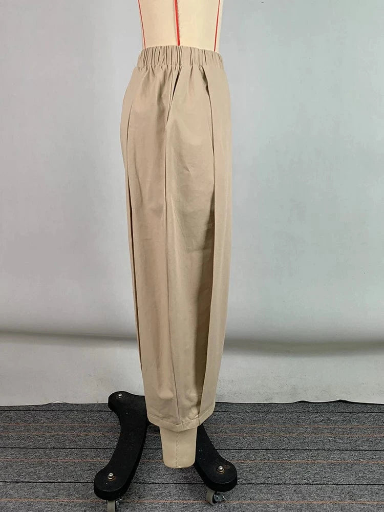 Beautyblue Women's Cropped Pants Khaki Wide-leg Pants 2025 Summer Loose Folds Pocket Elastic Waist Casual Sports Trousers Female