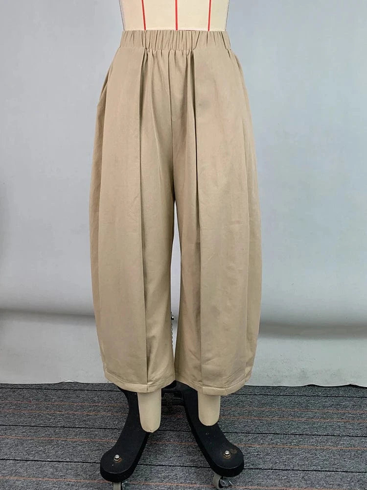 Beautyblue Women's Cropped Pants Khaki Wide-leg Pants 2025 Summer Loose Folds Pocket Elastic Waist Casual Sports Trousers Female