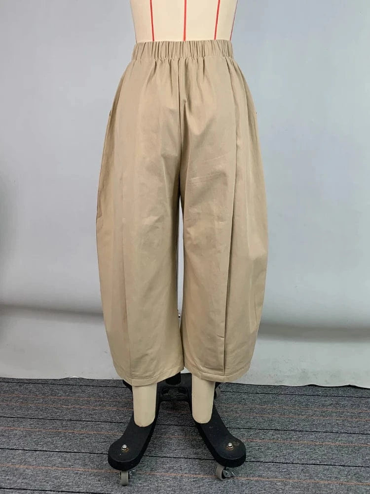 Beautyblue Women's Cropped Pants Khaki Wide-leg Pants 2025 Summer Loose Folds Pocket Elastic Waist Casual Sports Trousers Female